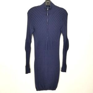 Athleta Women Long Sleeve  Zip Ribbed Knit Sweater Dress‎ S Blue Organic Cotton